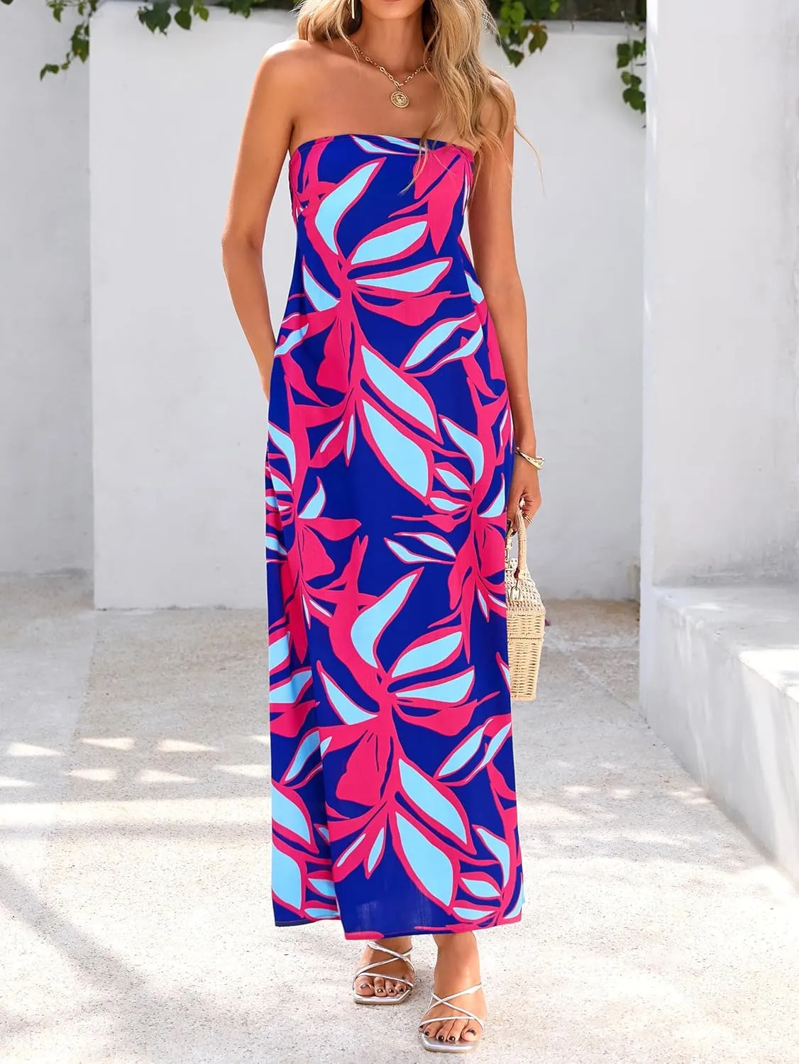 MASCOMODA Tube Strapless Top Dress for Women 2025 Summer Beach Long Maxi Dresses Smocked Boho Floral Flowy Resort Sundress