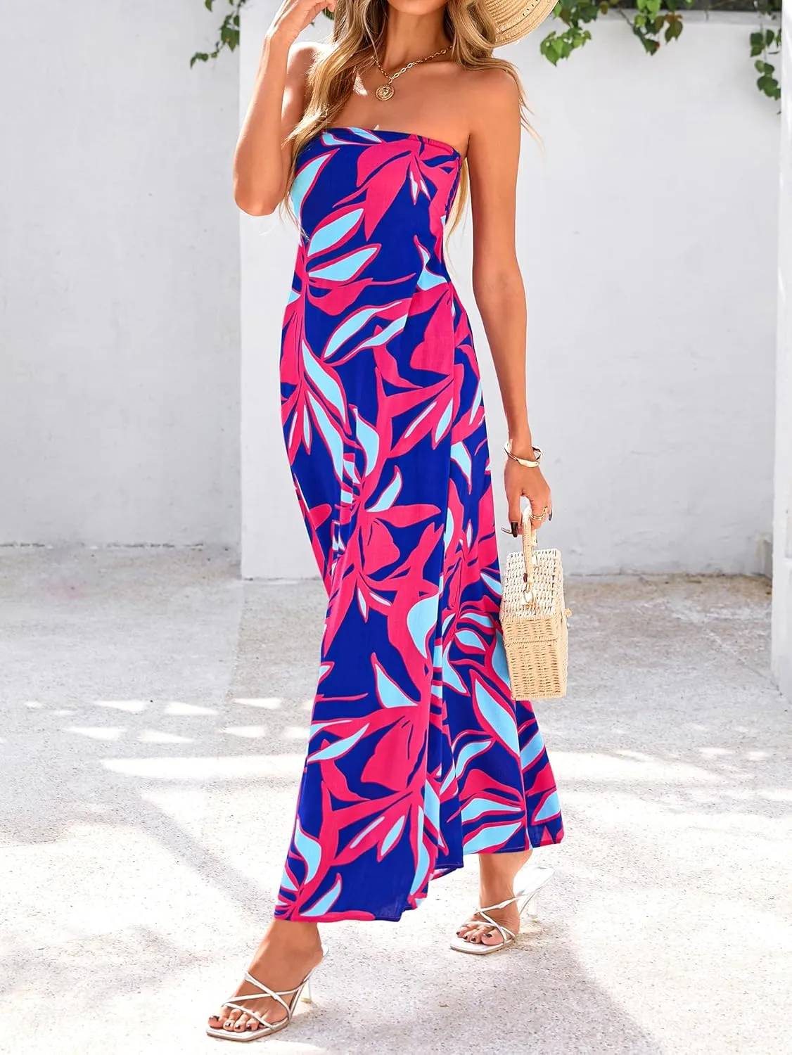 MASCOMODA Tube Strapless Top Dress for Women 2025 Summer Beach Long Maxi Dresses Smocked Boho Floral Flowy Resort Sundress