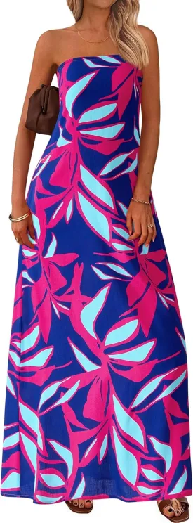 MASCOMODA Tube Strapless Top Dress for Women 2025 Summer Beach Long Maxi Dresses Smocked Boho Floral Flowy Resort Sundress