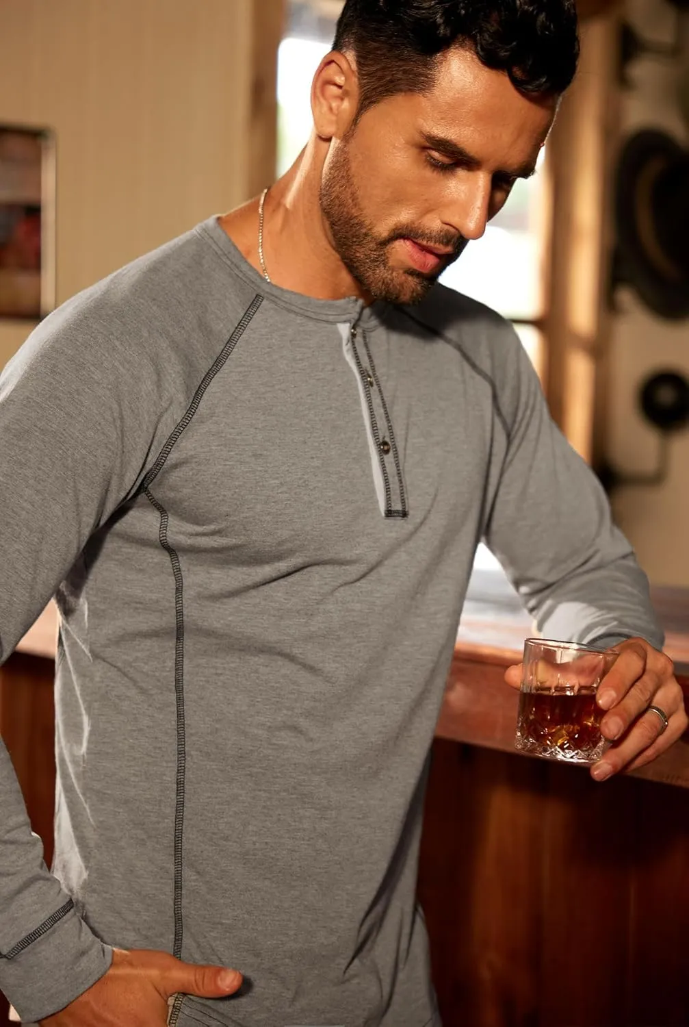 Mens Henley Shirts Long Sleeve Casual Classic Button Raglan T-Shirt (S-XXL)