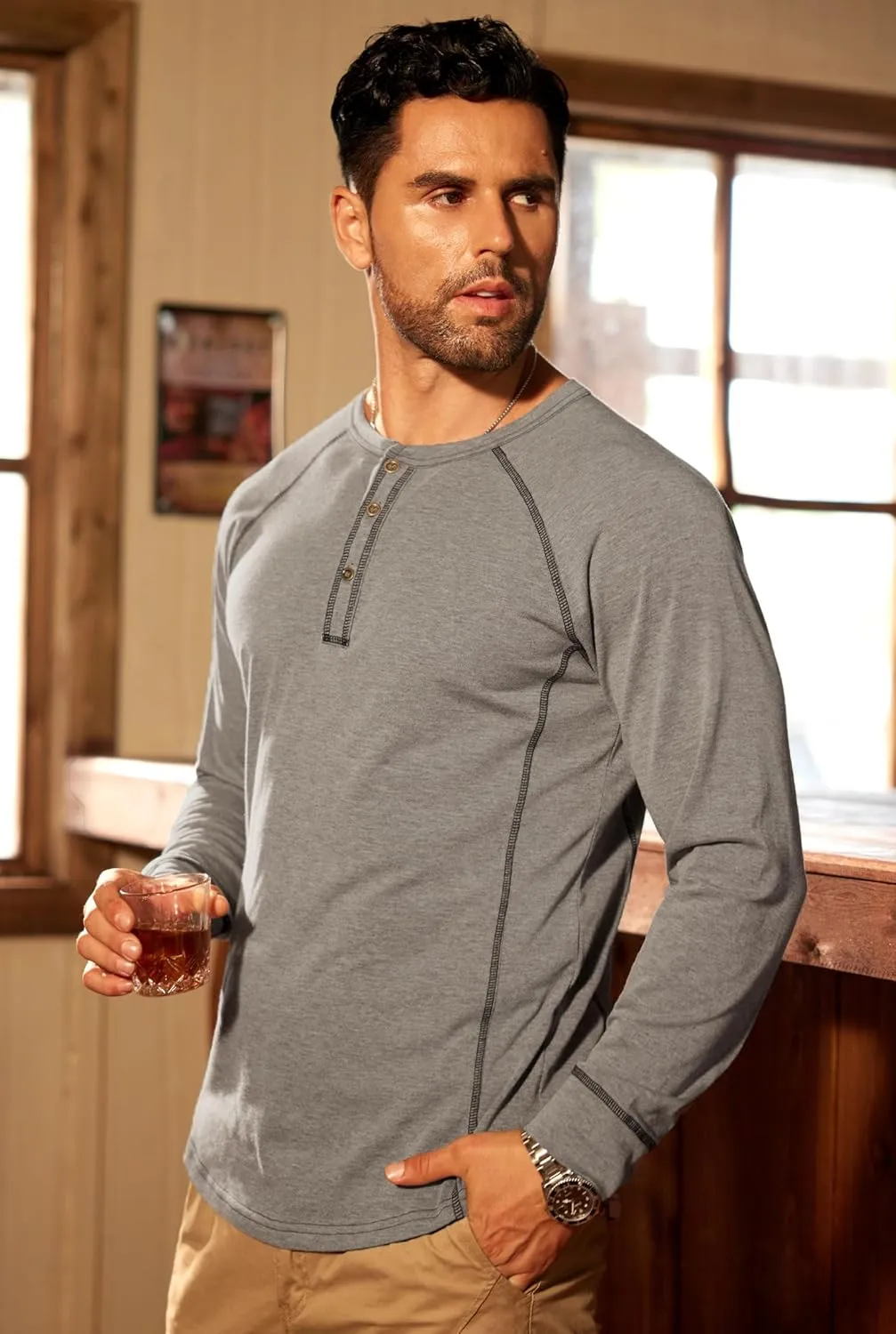Mens Henley Shirts Long Sleeve Casual Classic Button Raglan T-Shirt (S-XXL)