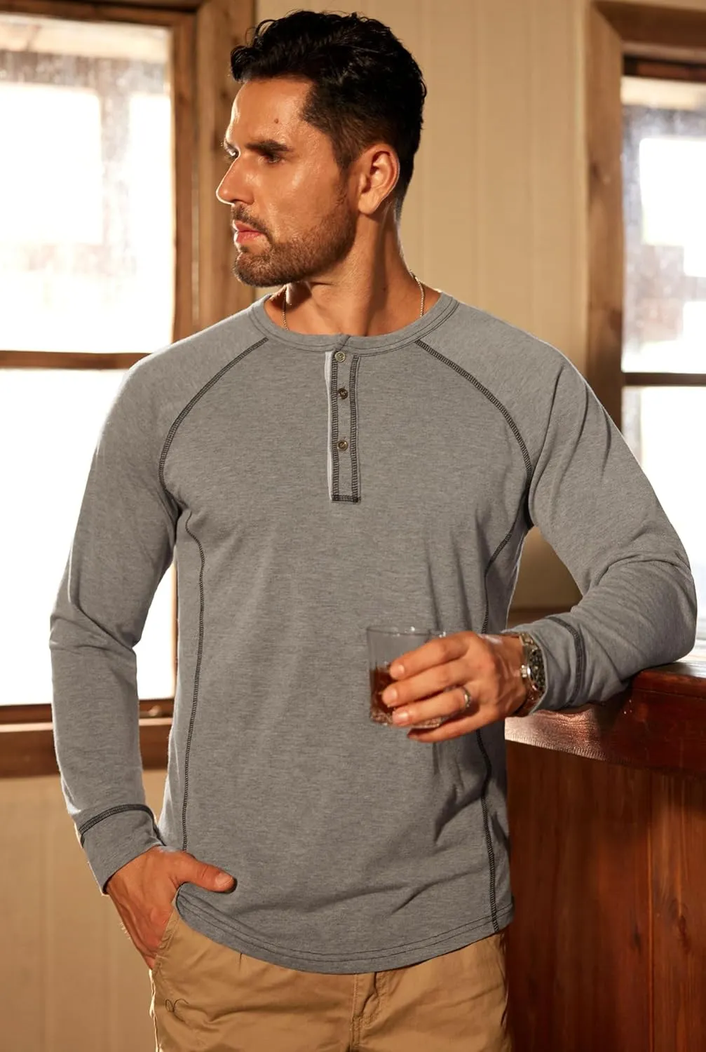 Mens Henley Shirts Long Sleeve Casual Classic Button Raglan T-Shirt (S-XXL)