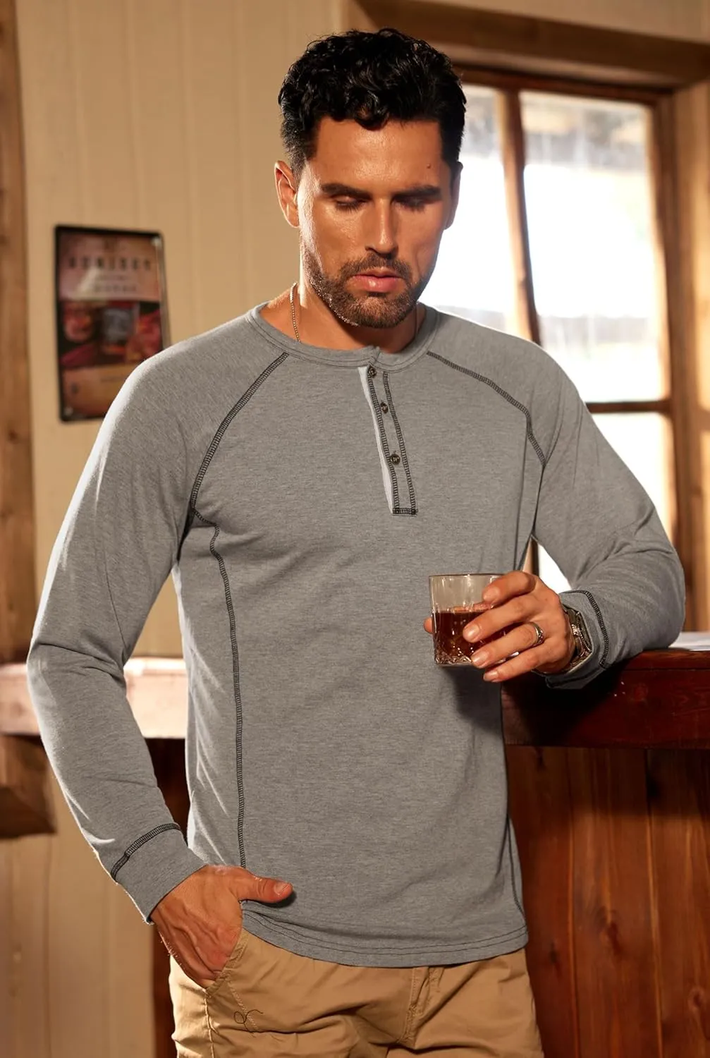 Mens Henley Shirts Long Sleeve Casual Classic Button Raglan T-Shirt (S-XXL)