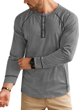 Mens Henley Shirts Long Sleeve Casual Classic Button Raglan T-Shirt (S-XXL)