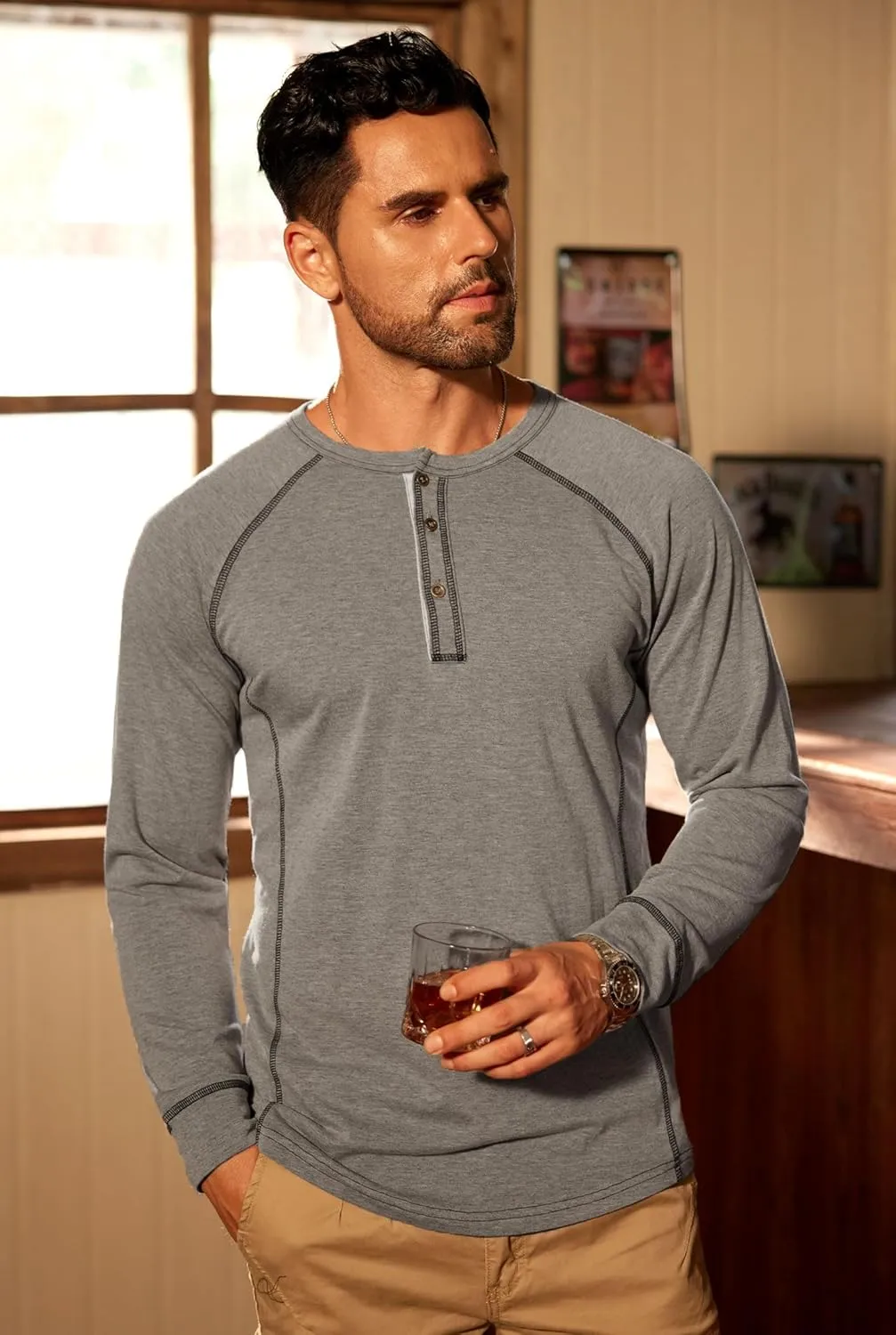 Mens Henley Shirts Long Sleeve Casual Classic Button Raglan T-Shirt (S-XXL)