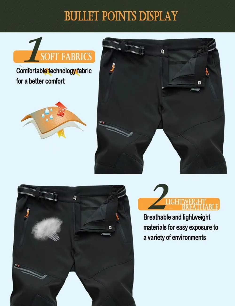 Men's Hiking Pants Quick-Dry Water Resistant Lightweight Work Outdoor Pants with Zipper Pockets