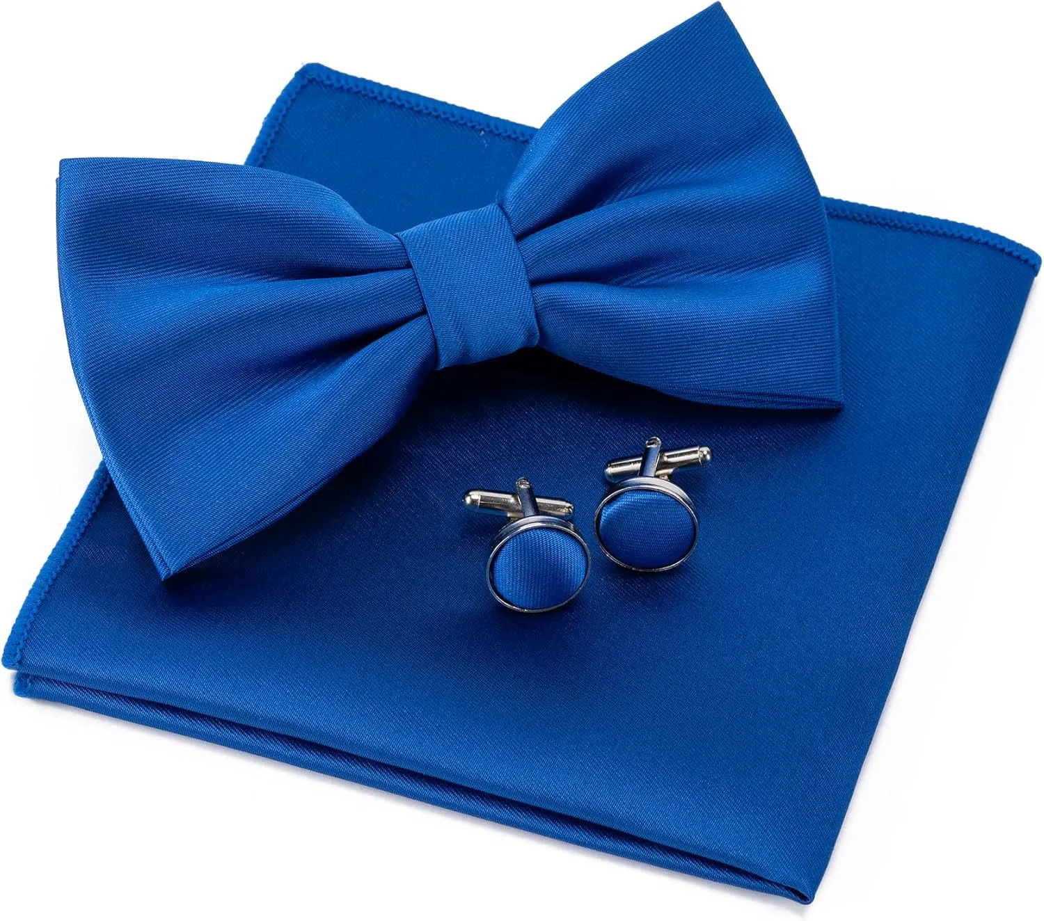Mens Solid Color Double Fold Pre-tied Bow Tie and Pocket Square Cufflinks Set Formal Tuxedo Bowties for Wedding Party