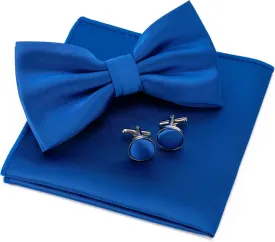 Mens Solid Color Double Fold Pre-tied Bow Tie and Pocket Square Cufflinks Set Formal Tuxedo Bowties for Wedding Party