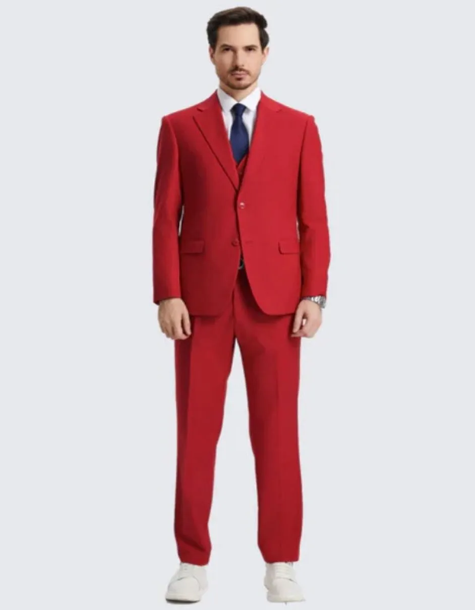 Mens Two Button Red Suit Three Piece Set - Wedding - Prom