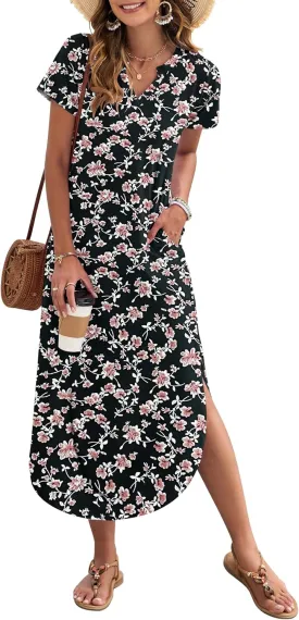 MISFAY Women's Summer Casual Maxi Dress 2025 Short Sleeves V Neck Loose Sundress Split Long Beach Shirt Dress Vacation Outfit