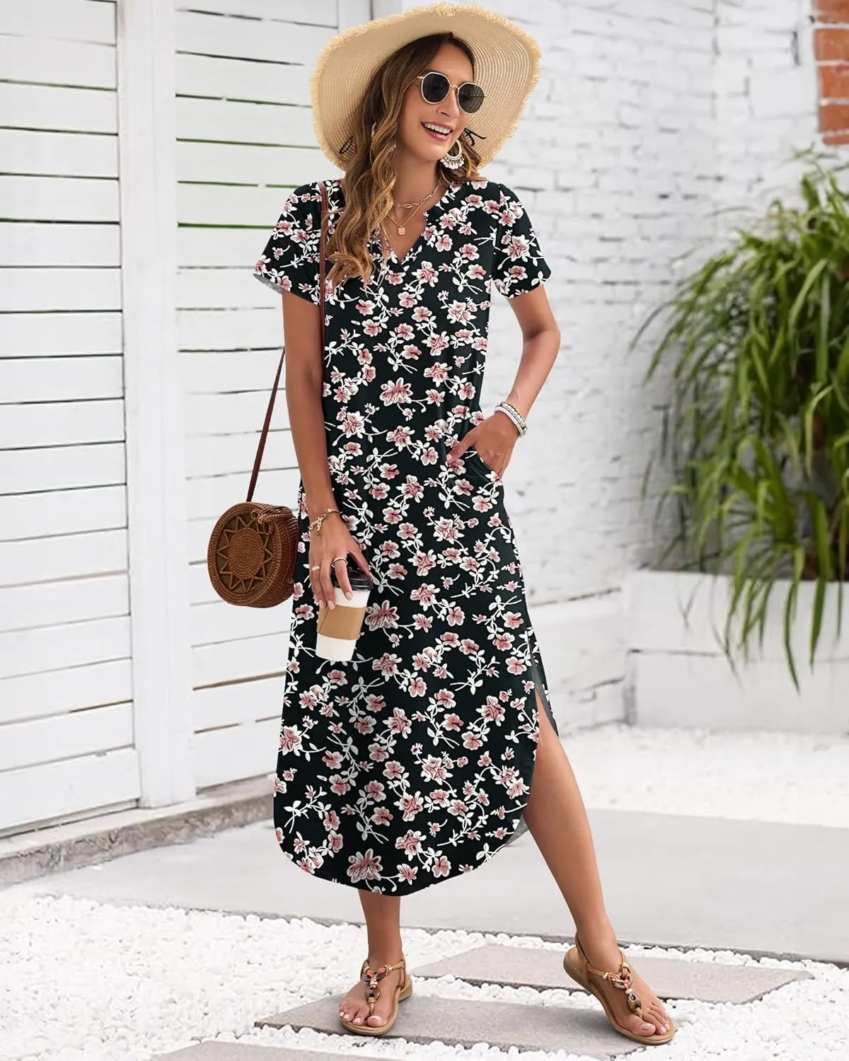 MISFAY Women's Summer Casual Maxi Dress 2025 Short Sleeves V Neck Loose Sundress Split Long Beach Shirt Dress Vacation Outfit