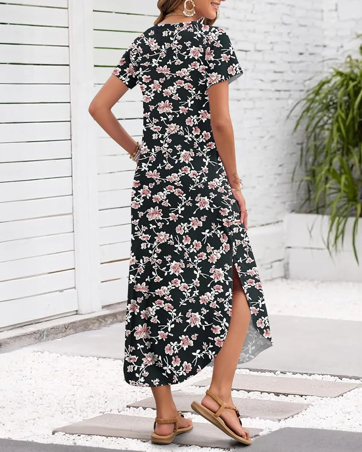 MISFAY Women's Summer Casual Maxi Dress 2025 Short Sleeves V Neck Loose Sundress Split Long Beach Shirt Dress Vacation Outfit