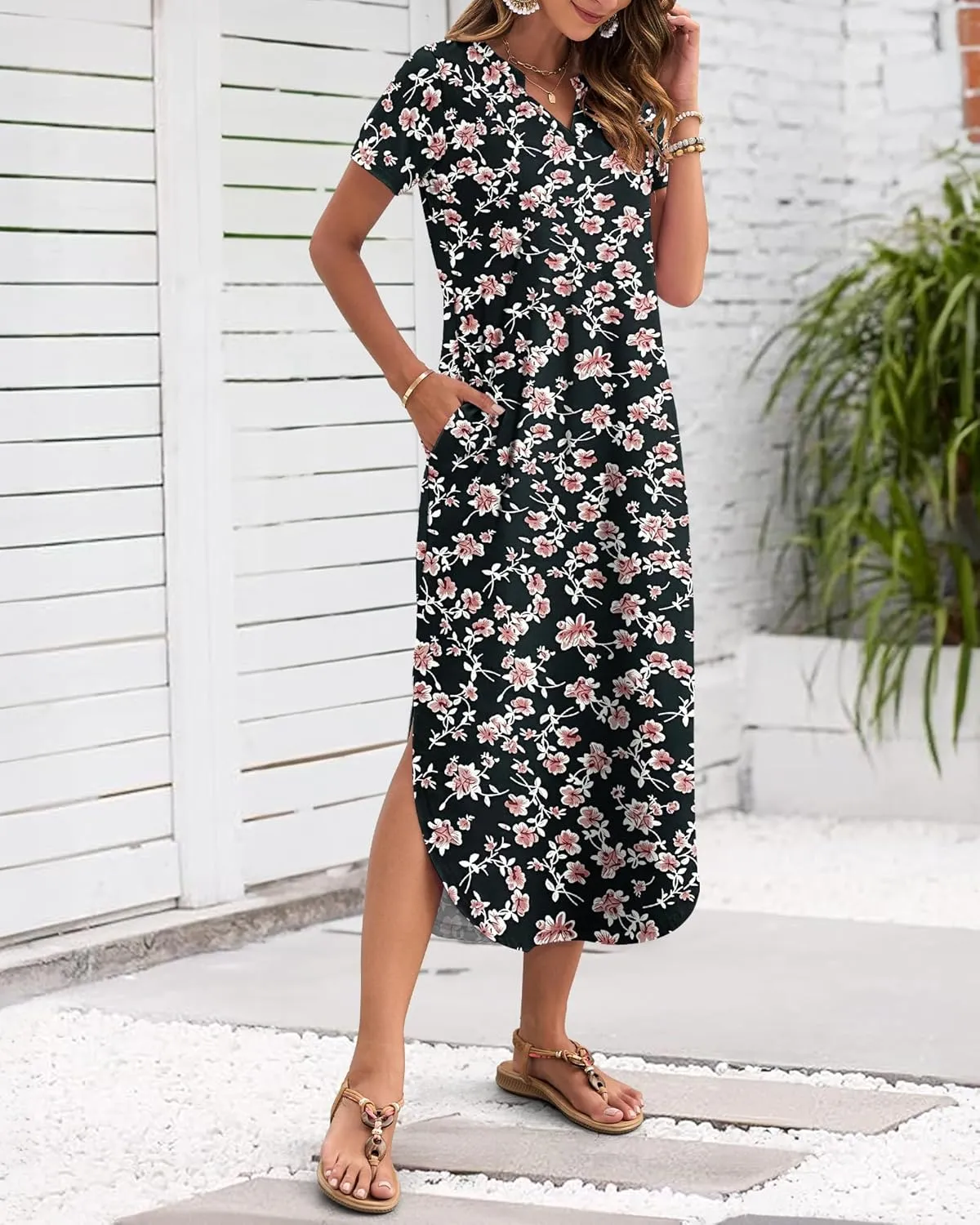 MISFAY Women's Summer Casual Maxi Dress 2025 Short Sleeves V Neck Loose Sundress Split Long Beach Shirt Dress Vacation Outfit