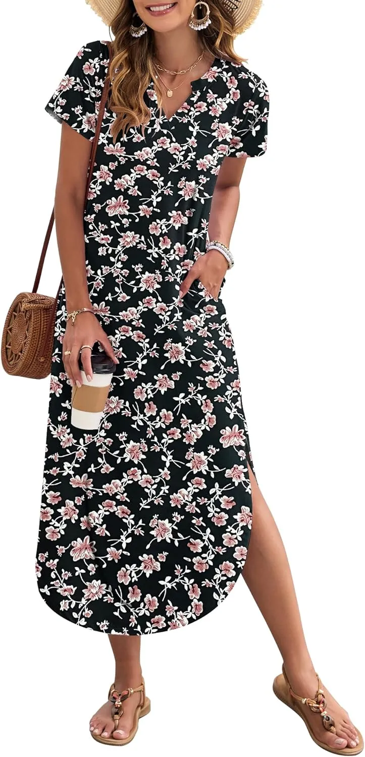 MISFAY Women's Summer Casual Maxi Dress 2025 Short Sleeves V Neck Loose Sundress Split Long Beach Shirt Dress Vacation Outfit