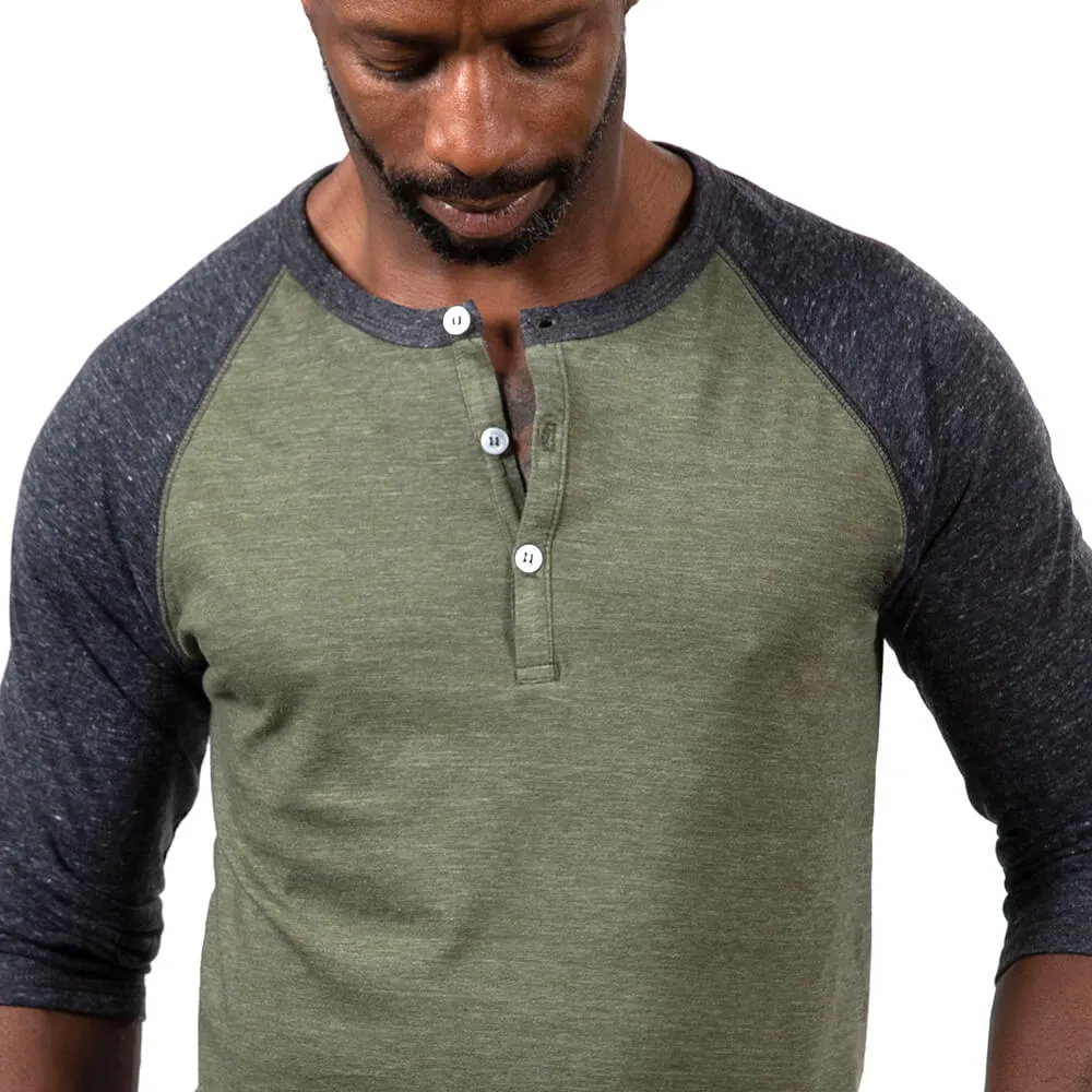 Olive & Charcoal Grey Contrast 3/4 Raglan Sleeve Tri-Blend Henley Shirt (XL & XXL Available)