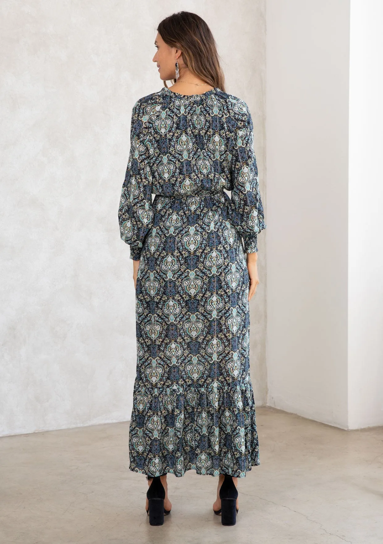 Paisley Metallic Long Sleeve Boho Maxi Dress