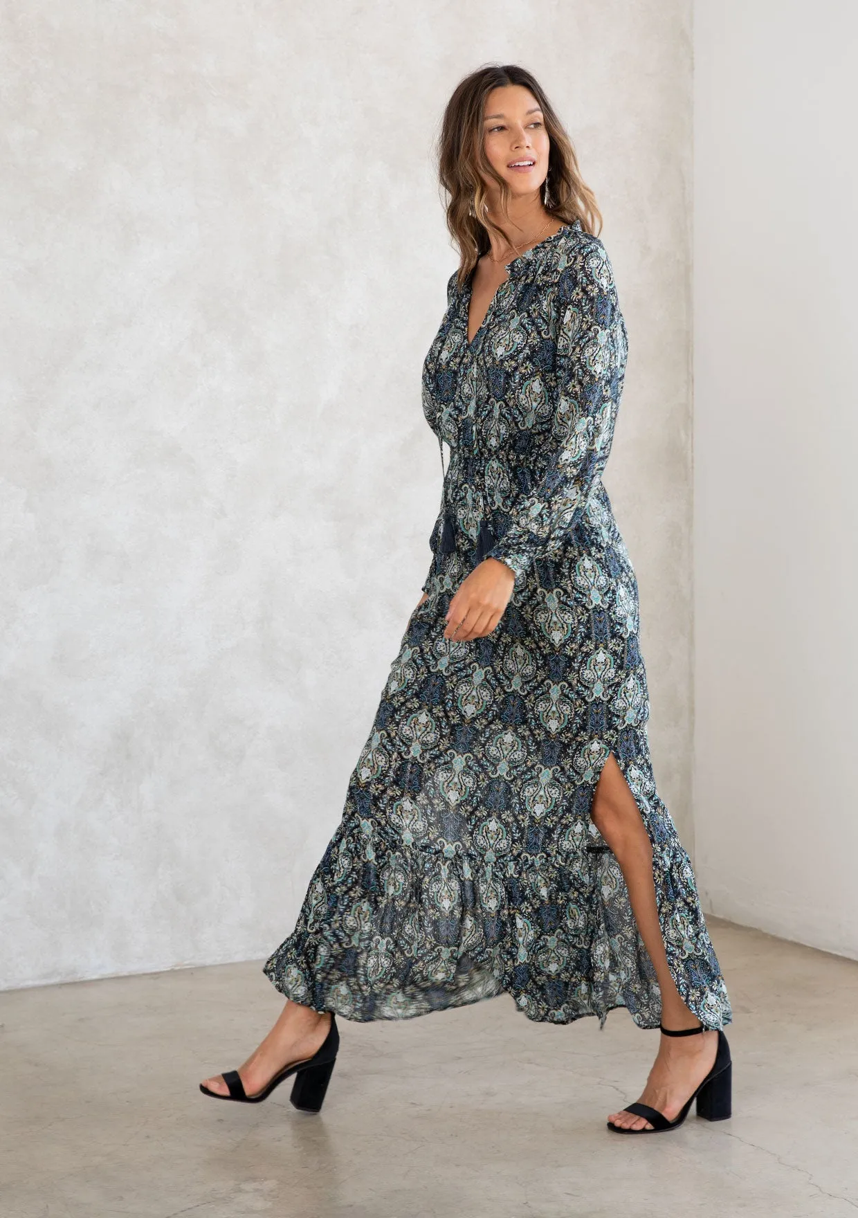 Paisley Metallic Long Sleeve Boho Maxi Dress