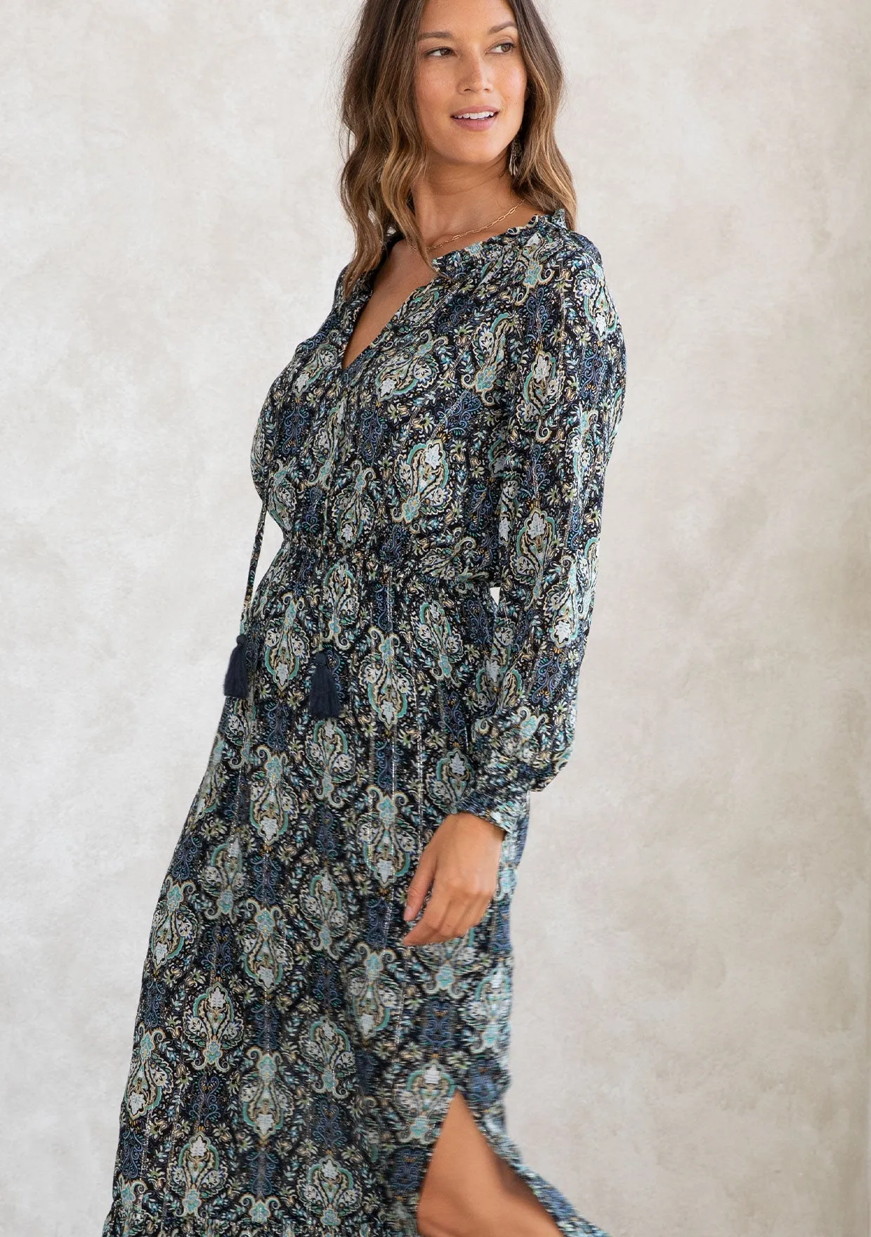 Paisley Metallic Long Sleeve Boho Maxi Dress