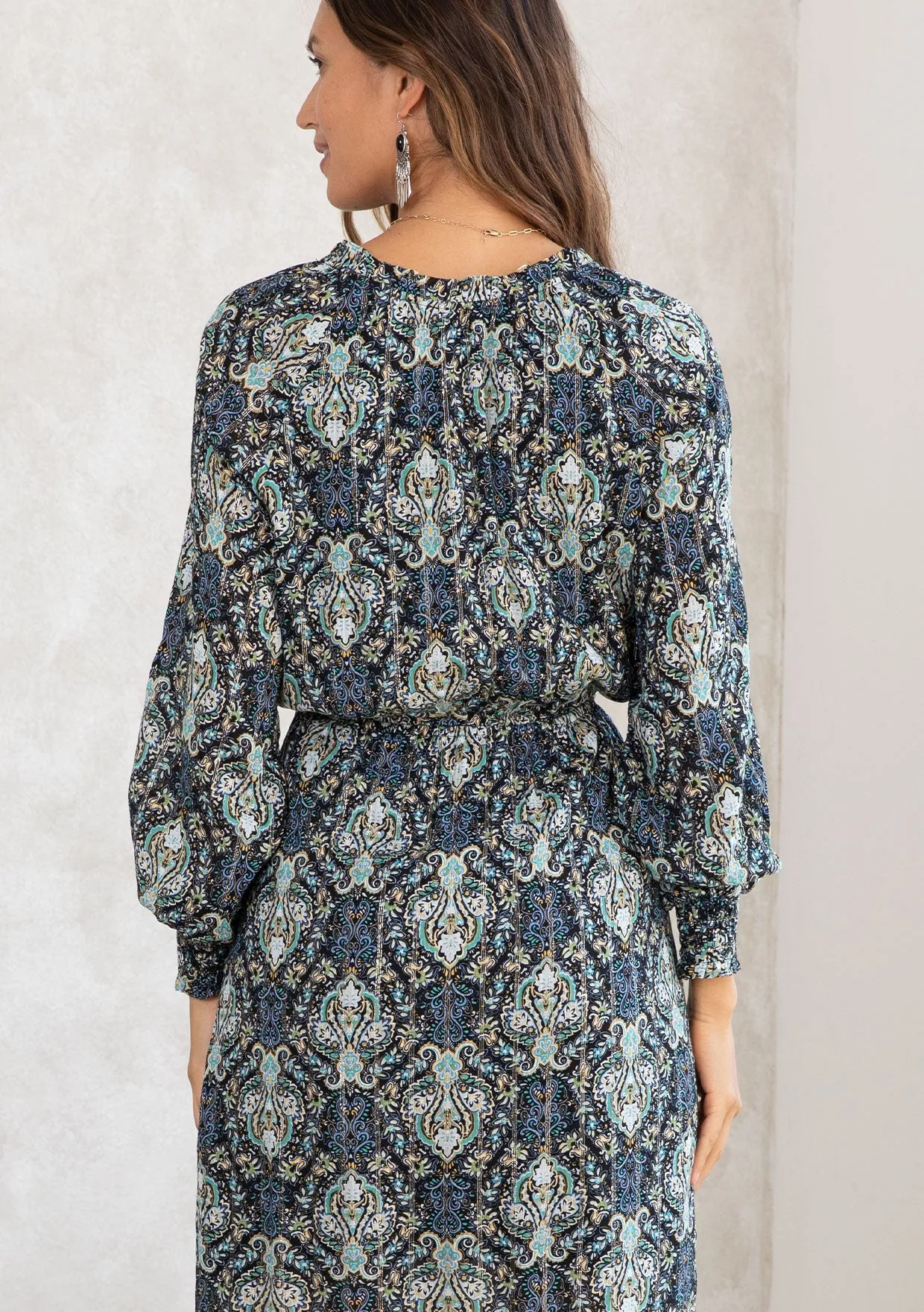 Paisley Metallic Long Sleeve Boho Maxi Dress