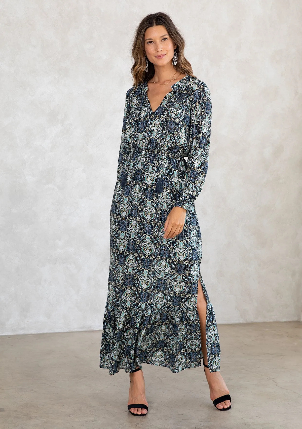 Paisley Metallic Long Sleeve Boho Maxi Dress