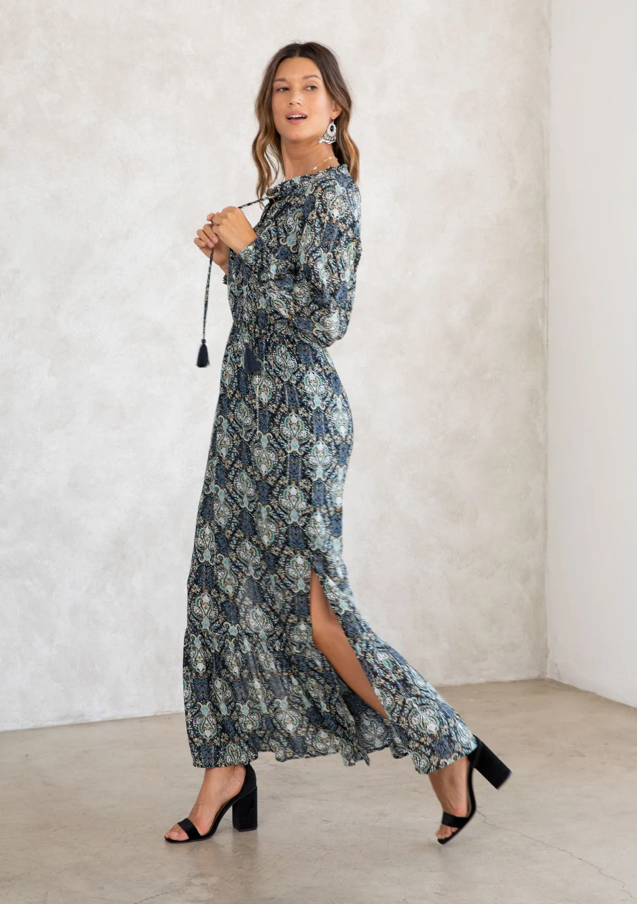 Paisley Metallic Long Sleeve Boho Maxi Dress
