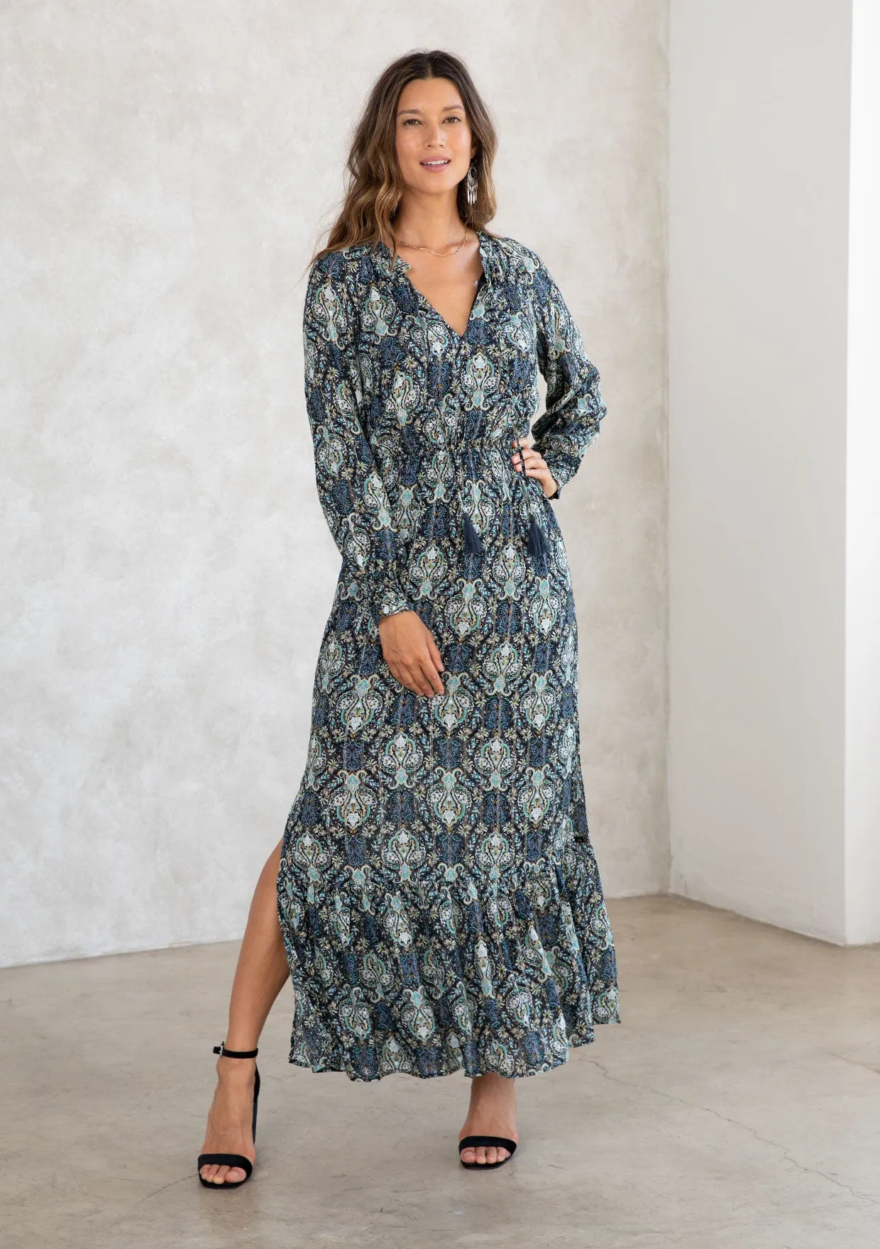 Paisley Metallic Long Sleeve Boho Maxi Dress
