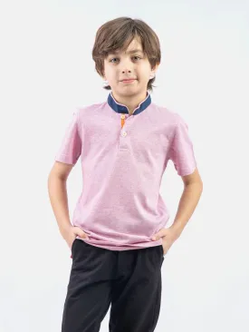 Pink Striped Mao Collar Casual Polo