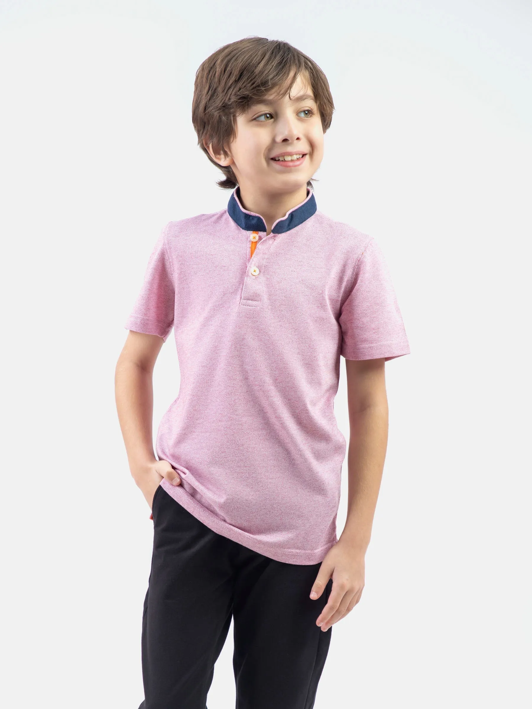 Pink Striped Mao Collar Casual Polo