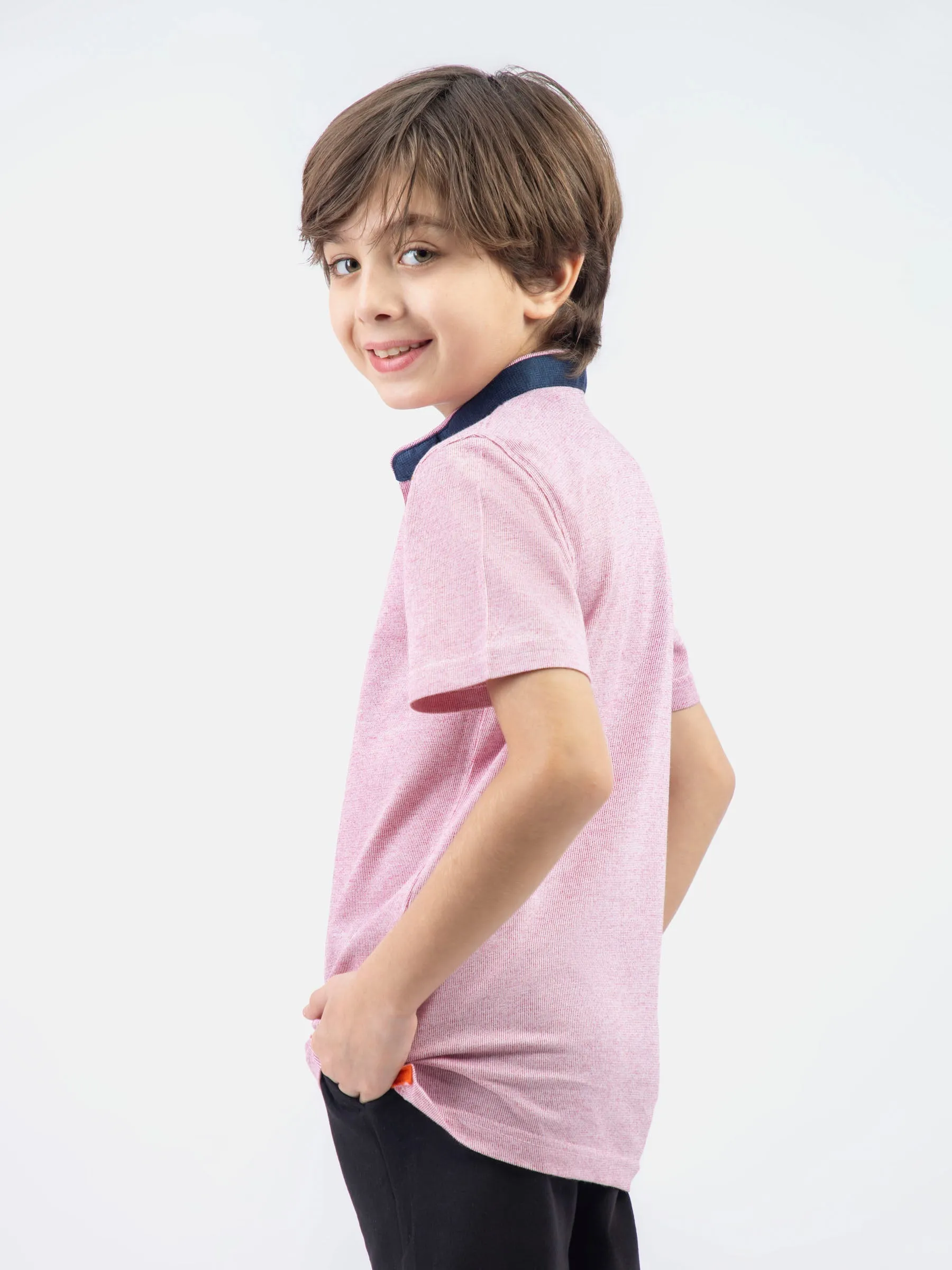 Pink Striped Mao Collar Casual Polo