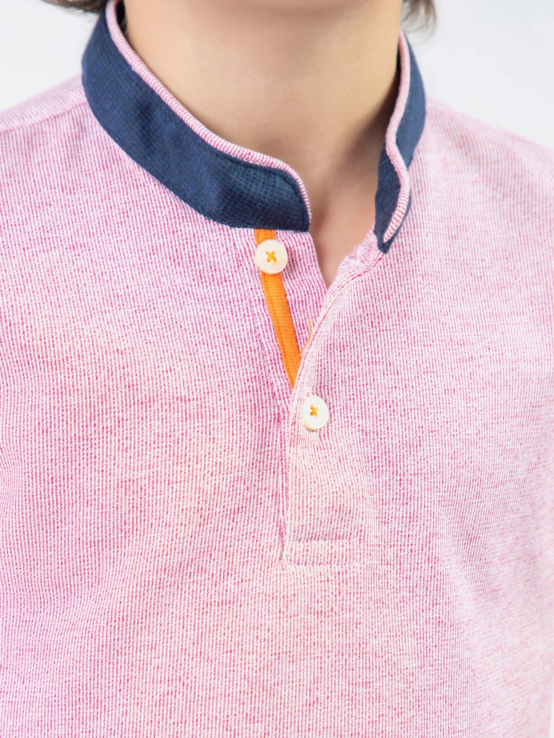 Pink Striped Mao Collar Casual Polo