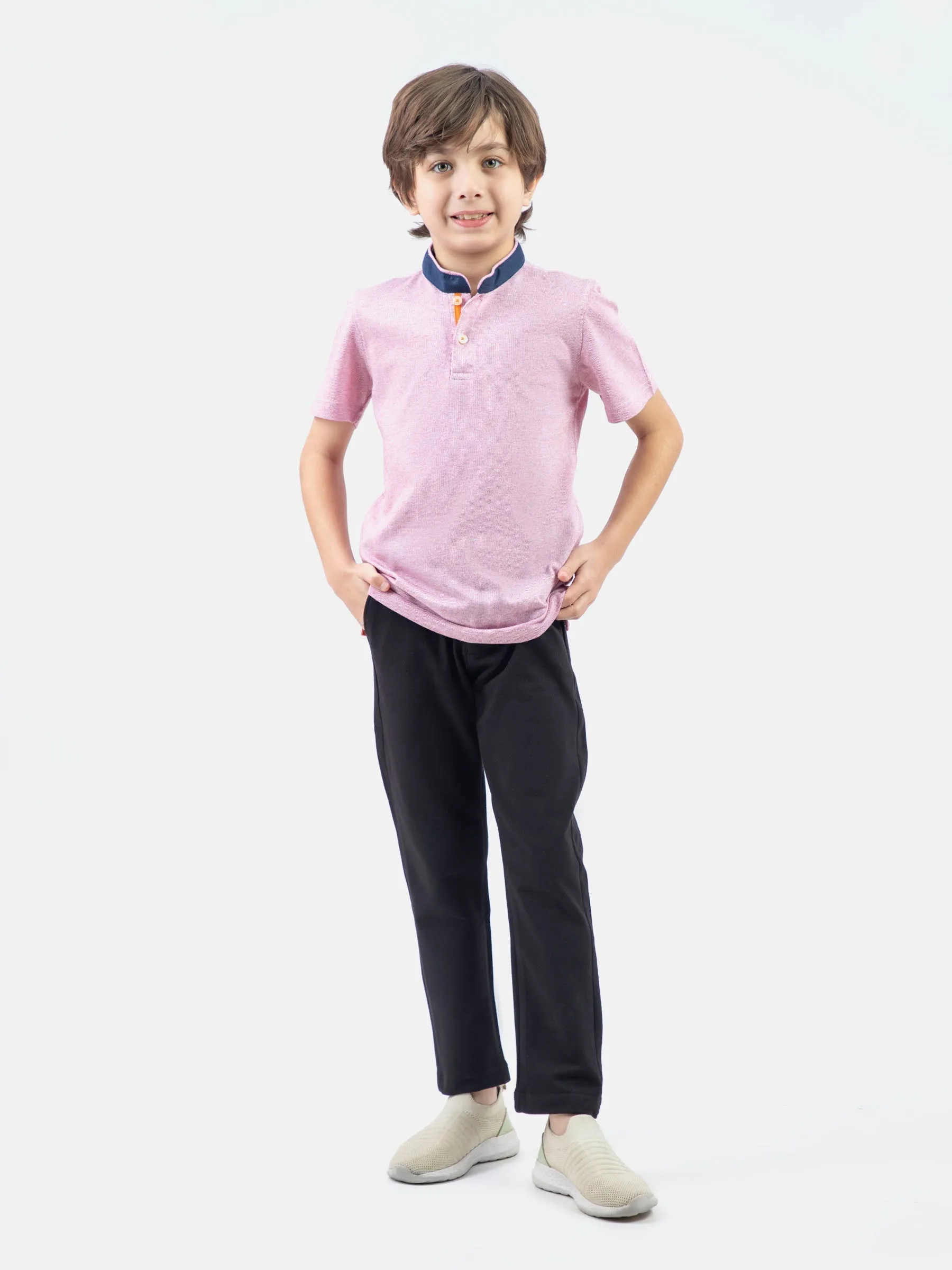 Pink Striped Mao Collar Casual Polo