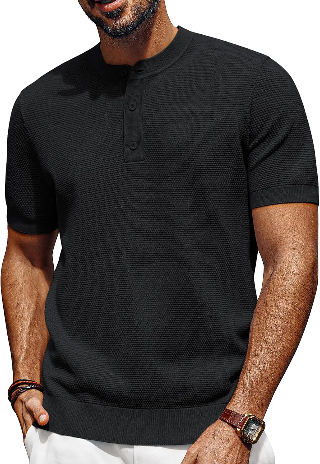 PJ PAUL JONES Mens Tees Short Sleeve Crewneck Henley Shirts Knitted Textured Shirt Solid T-Shirts Summer Top