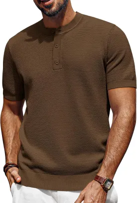 PJ PAUL JONES Mens Tees Short Sleeve Crewneck Henley Shirts Knitted Textured Shirt Solid T-Shirts Summer Top