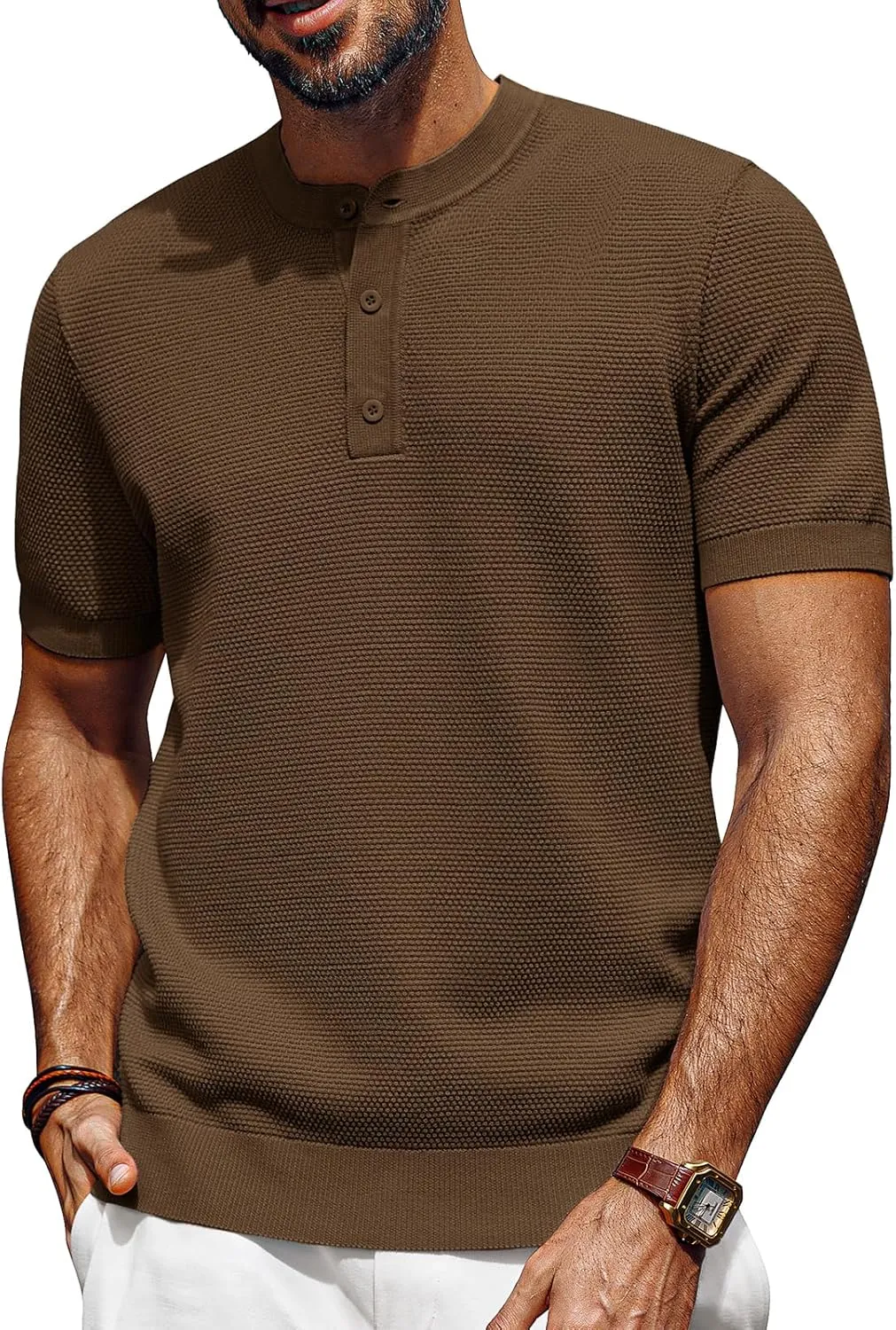 PJ PAUL JONES Mens Tees Short Sleeve Crewneck Henley Shirts Knitted Textured Shirt Solid T-Shirts Summer Top