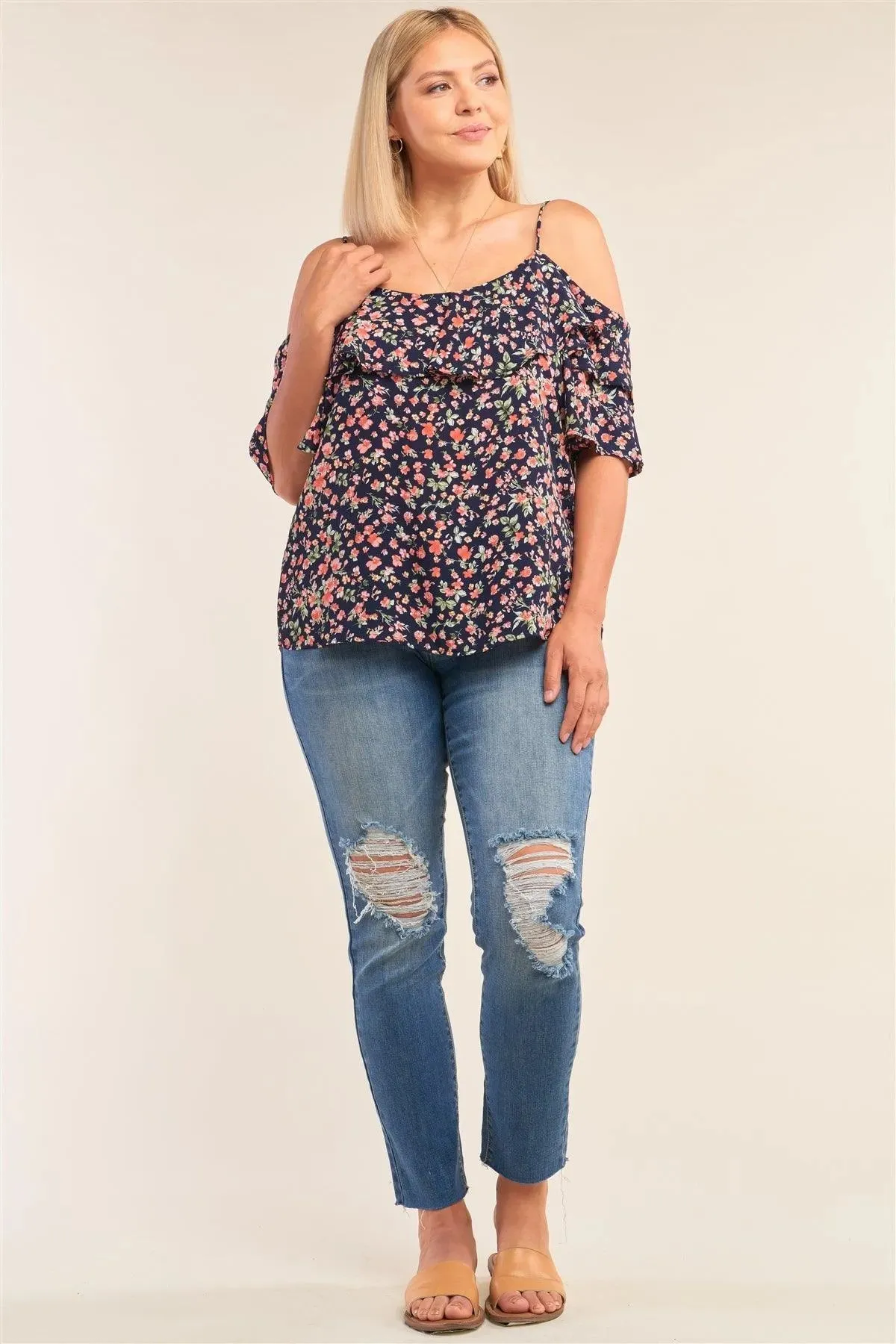 Plus Size Floral Print Off-The-Shoulder Top /2-2-2