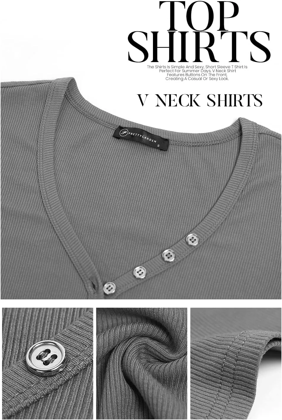 PRETTYGARDEN Women's Summer Casual Henley T-Shirts Short Sleeve V Neck Button Up Ribbed Knit Slim Fit Basic Tops