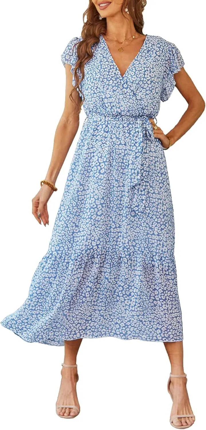 PRETTYGARDEN Women's Summer Floral Boho Maxi Dress Wrap Short Sleeve V Neck Ruffle A-Line Flowy Wedding Guest Long Dresses