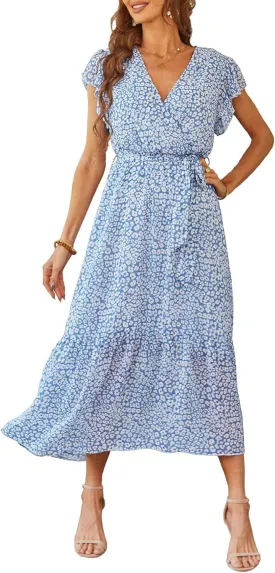 PRETTYGARDEN Women's Summer Floral Boho Maxi Dress Wrap Short Sleeve V Neck Ruffle A-Line Flowy Wedding Guest Long Dresses