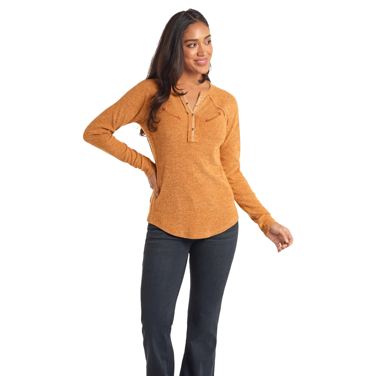 Rock & Roll Denim Ladies Mustard Yellow Henley T-Shirt LW22T05165
