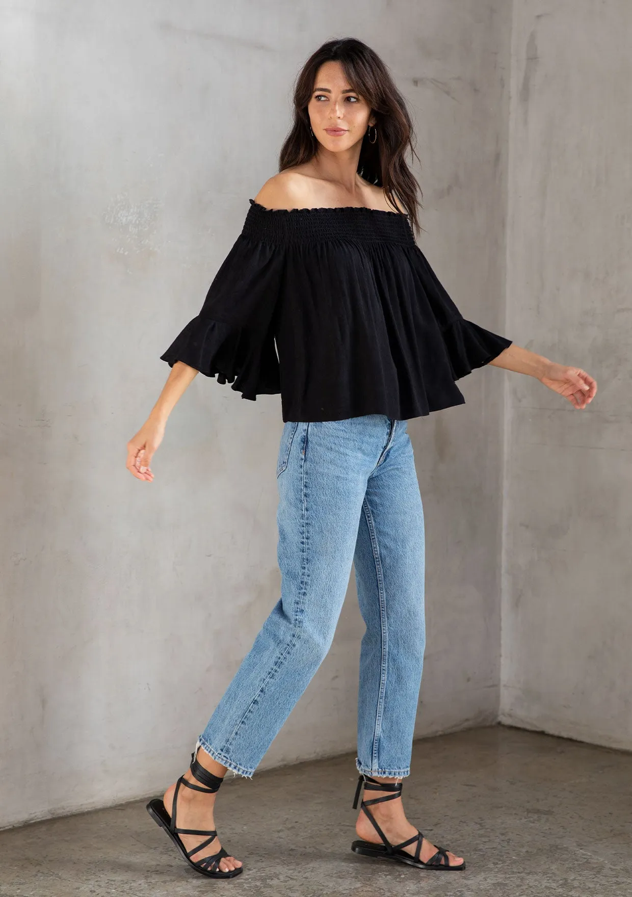 Rose Jacquard Smocked Off Shoulder Flowy Top