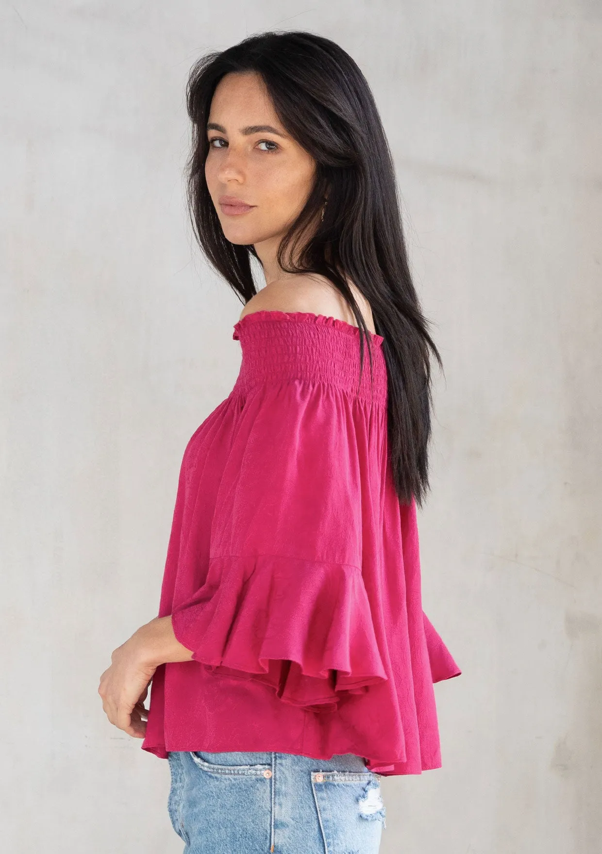 Rose Jacquard Smocked Off Shoulder Flowy Top