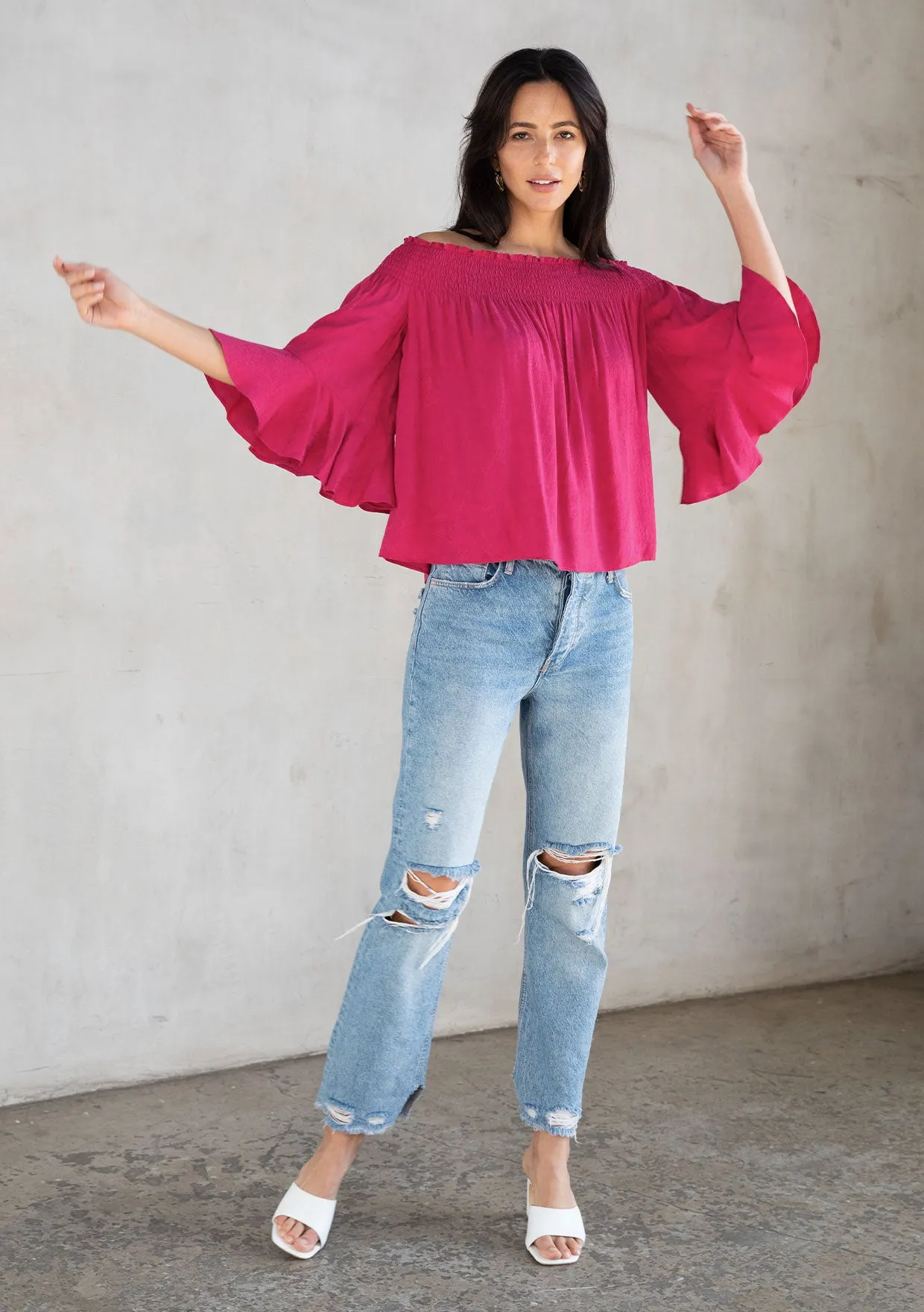 Rose Jacquard Smocked Off Shoulder Flowy Top