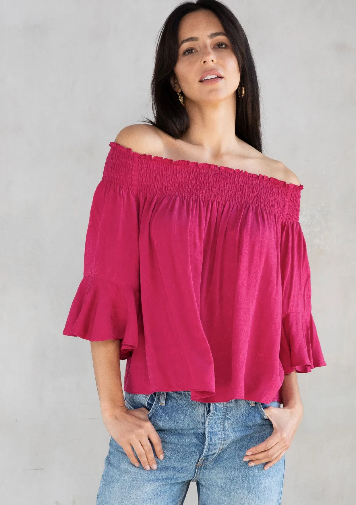 Rose Jacquard Smocked Off Shoulder Flowy Top