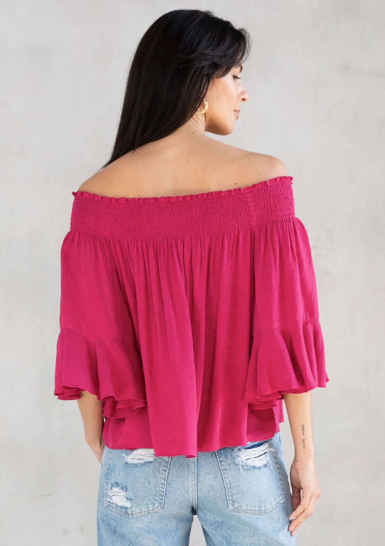 Rose Jacquard Smocked Off Shoulder Flowy Top