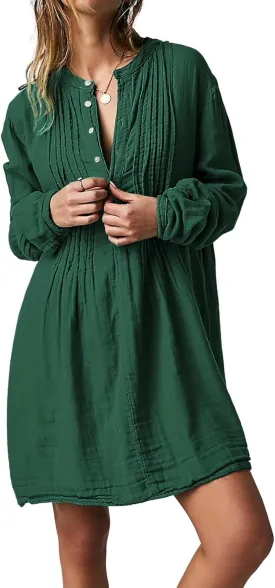 R.Vivimos Women's Tunic Dress Fall Cotton Button Down Long Sleeves Casual Mini Shirt Dress