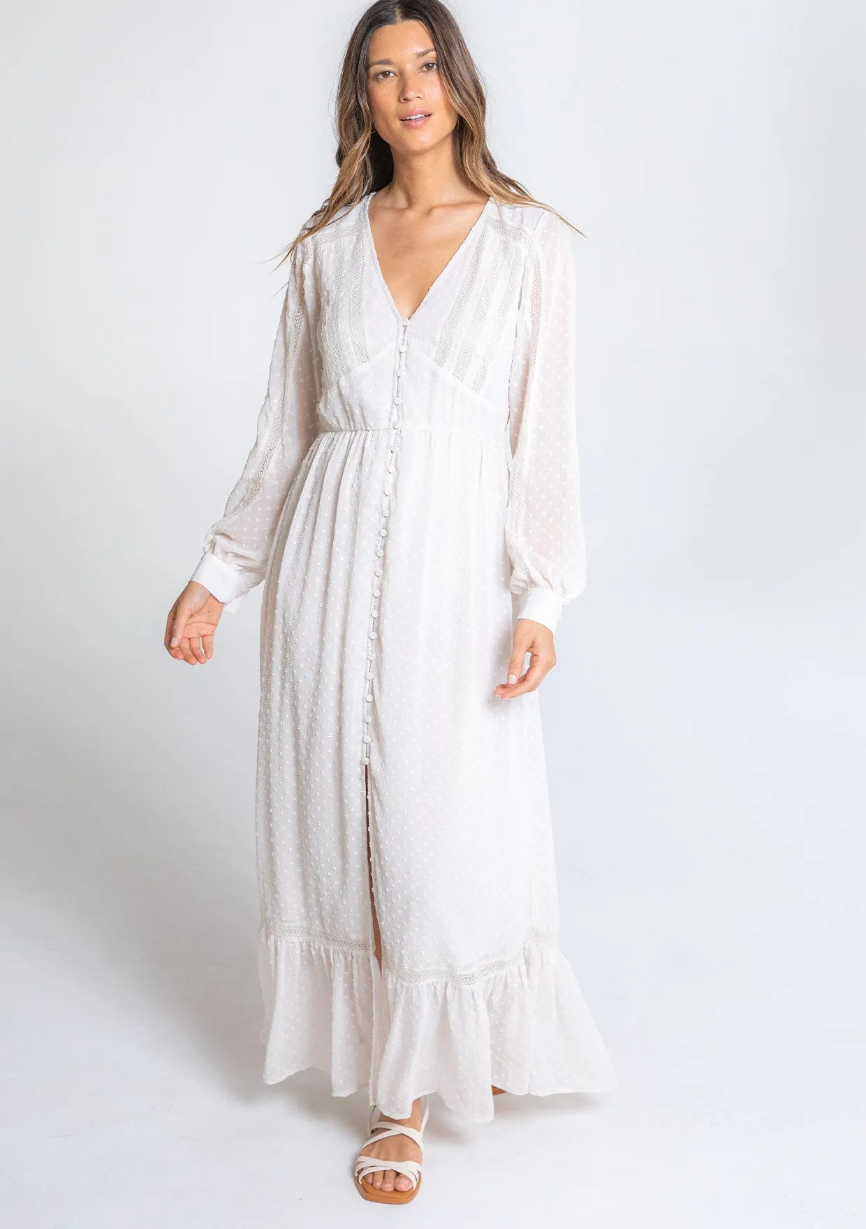 Sheer Chiffon Swiss Dot Boho Button Front Dress