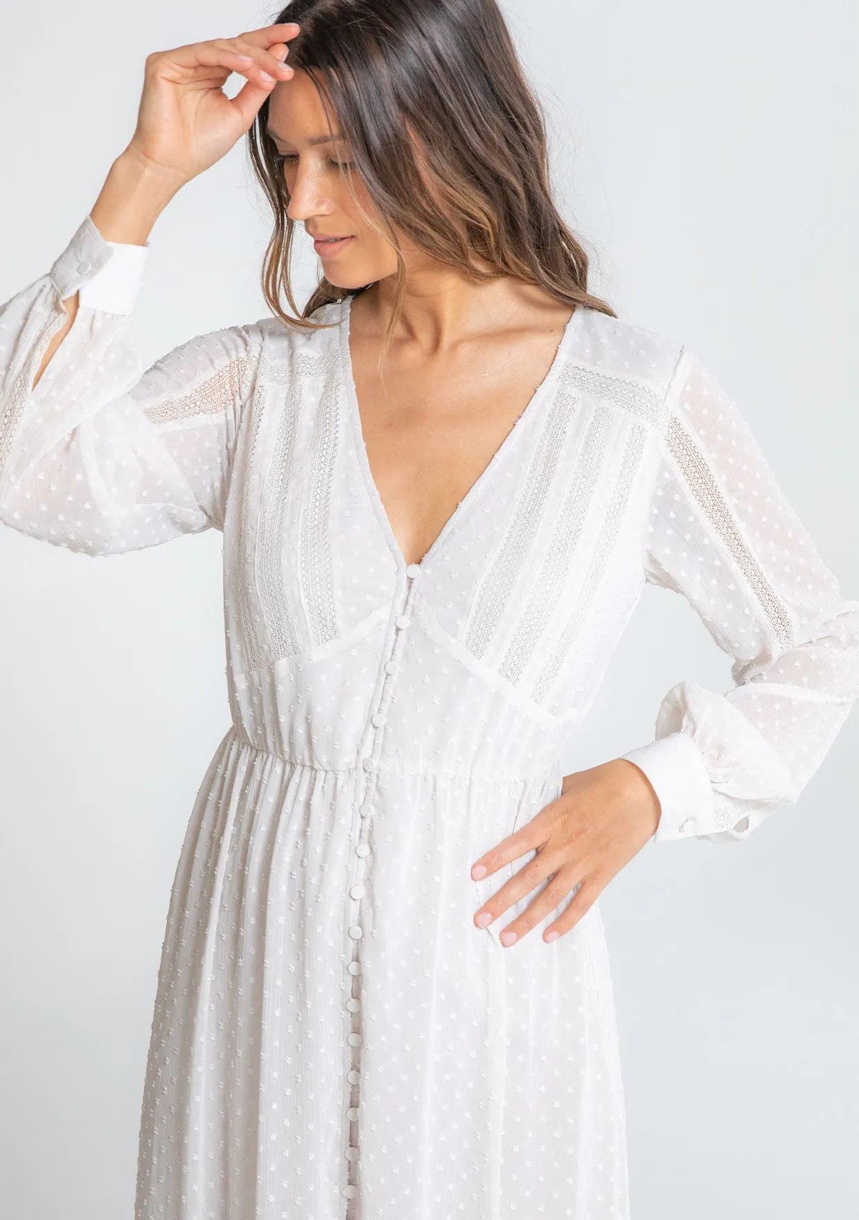 Sheer Chiffon Swiss Dot Boho Button Front Dress