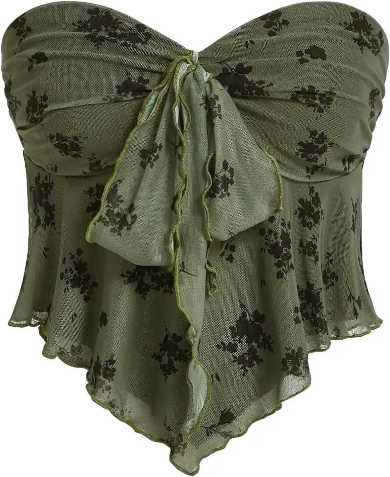 SHENHE Women's Floral Strapless Tie Front Lettuce Trim Asymmetrical Flare Boho Tube Top