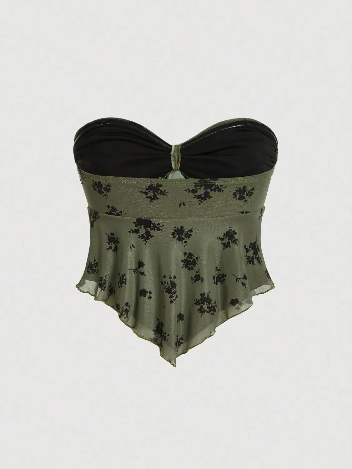 SHENHE Women's Floral Strapless Tie Front Lettuce Trim Asymmetrical Flare Boho Tube Top