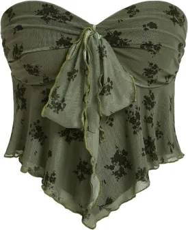 SHENHE Women's Floral Strapless Tie Front Lettuce Trim Asymmetrical Flare Boho Tube Top